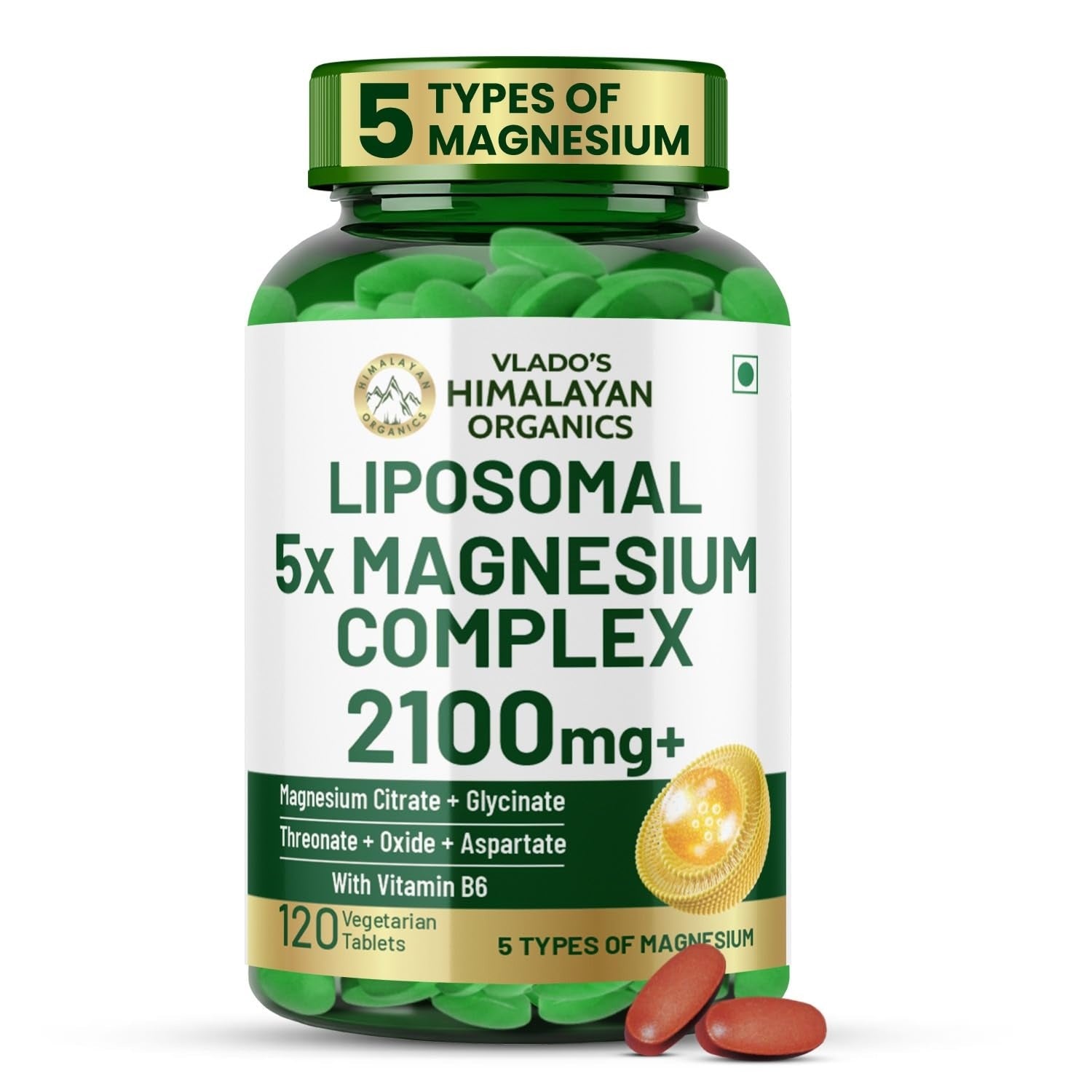 Vlado's Himalayan Organics 5X Strength Liposomal Magnesium Supplement - 2100mg+ with Chelated Magnesium Glycinate, Citrate, Oxide, Threonate, Aspartate & Triple magnesium Complex | For Sleep, Cramps, Recovery, Nerve & Muscle Function, Clinically Proven, 1 - 1