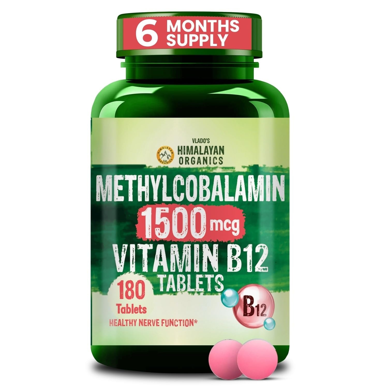 Vlado's Himalayan Organics Vitamin B12 Tablets 1500 mcg -Active form of Methylcobalamin Vitamin B12 Supplements for Men & Women (6 Months Supply Pack) - 180 Veg Tablets - 1
