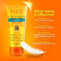 VLCC Aqua Light Sunscreen Gel SPF 70 PA++++ 100g, Ultra-High UV Protection