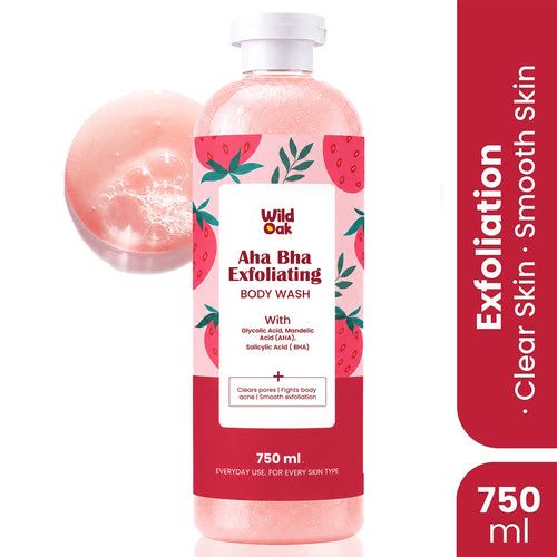 WildOak AHA BHA Exfoliating Body Wash | 750ml Value Pack | Salicylic, Mandelic, Glycolic Acid & Probiotics | Shower Gel | Body Acne, Strawberry Skin, Ingrown Hair & Uneven Texture | Non-Drying Formula - 8