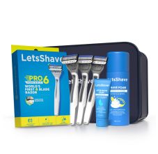 LetsShave Pro 6 Portable Razor for Men, 3 Razor + Shave Foam 200g + After Shave Balm 30ml + Travel Pouch, World's First 6 Blade Disposable Razor Shaving Set for Men Kit