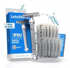 LetsShave Pro Signature Double Edge Safety Razor for Men – Classic Metal Handle Shaver + 10 Stainless Steel Blades | Precision Single Blade Shaving Kit