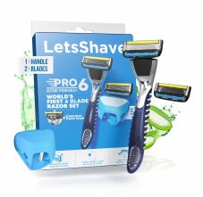 LetsShave Pro 6 Acne Friendly Razor for Men | Anti-Acne Shaving Kit with 1 Handle, 2 Blades & Razor Cap | Clog-Free 6-Blade Design with Beard Styling Back-Blade | Gentle on Acne-Prone Skin Kit