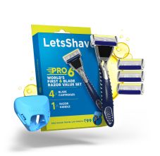 LetsShave Pro 6 Plus Lite Face & Head Shaving Razor Value Set, 1 razor Handle 4 Blades+ Travel Cap 214 gm